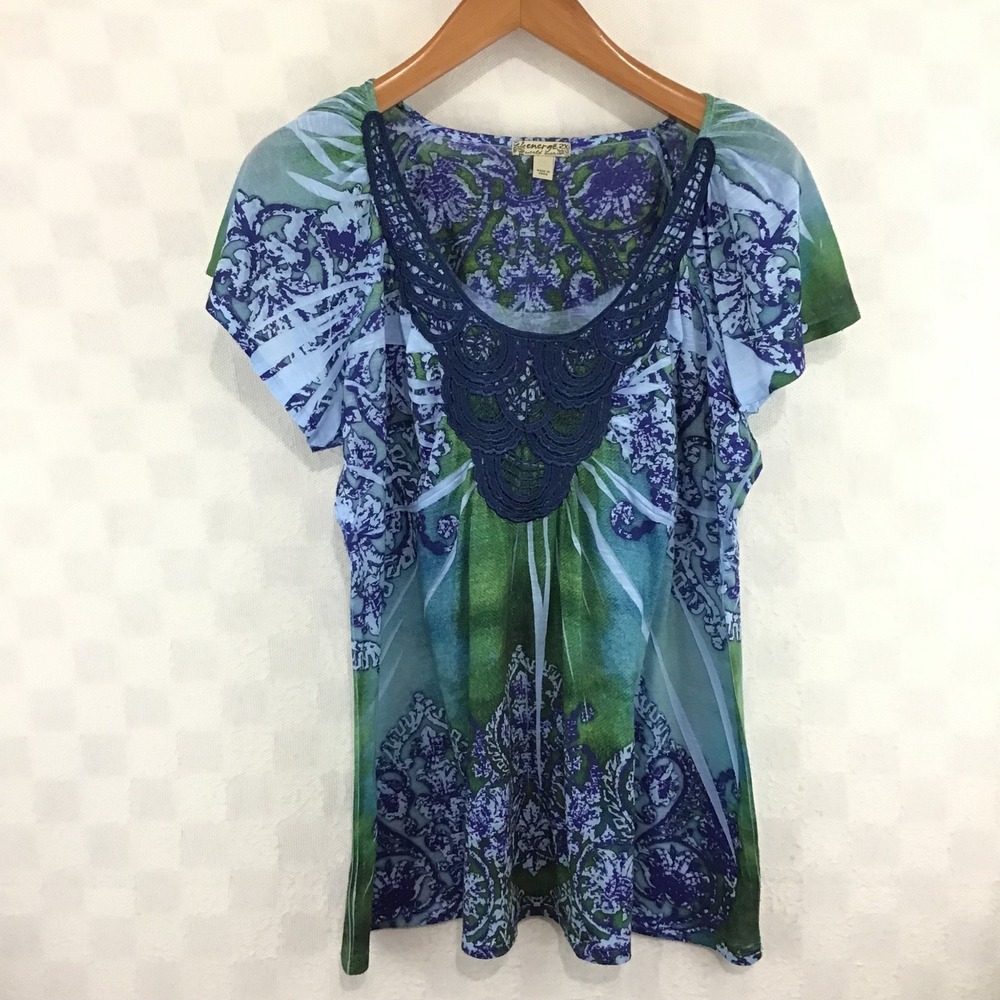Energe World Wear Womens 2X Blue Green Paisley Crochet Lace Scoop Neck Top